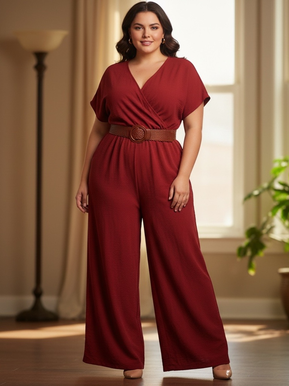 Sleeveless Red Crinkle Jumpsuit with Adjustable Waist